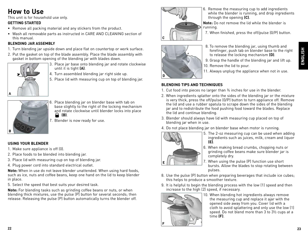 Black & Decker BLBD25LAUC manual How to Use, Getting Started, Blending JAR Assembly, Using Your Blender 